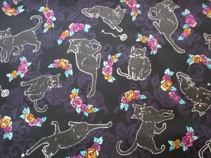 Halloween Print Cotton Fabric 1 Yard Totally Twilight Black Cats Flowers Sparkle - Picture 1 of 6