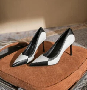 Womens Chic Pointy Toe Two Tone Stitching High Heel Formal Dress Pump Shoes 2366 - Picture 1 of 9