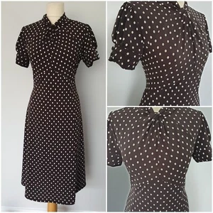 Vintage 1940s Style Brown Cream Polka Dot Tea Dress Size UK 14 US 10 VJ DAY - Picture 1 of 10
