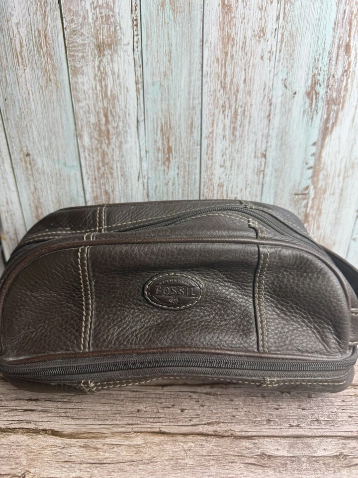 Vintage Men Fossil Brown Leather Shaving Toilet Toiletry Travel Bag Zip Case - image 1 of 4