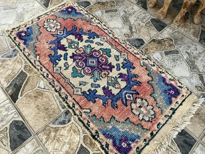 1980s Turkish Small Vintage Handmade Geometric Tribal Anatolian Rug 2.3x4.0 ft - Image 1 of 4