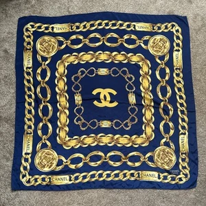Vintage 90's CHANEL Paris 31 Rue Cambon Square Silk Scarf Blue-Gold - Picture 1 of 6