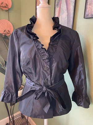 Xscape By Joanna Chen Elegant Metallic Navy Ruffle Blouse Rhinestone Buttons 12 Foto 1 de 4