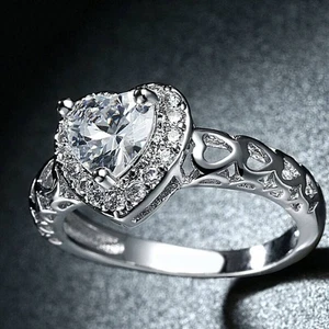 Women's Silver Size 5-10 Stainless Steel CZ Eternity Heart Promise Fashion Ring - Picture 1 of 13