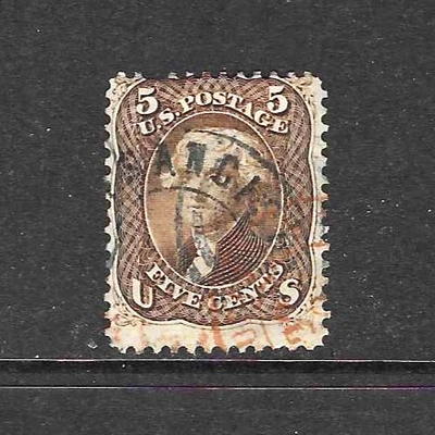 US Scott #76 Jefferson 5-cent, Used, brown, VG/F, black and red cancels, sound - Image 1 of 2