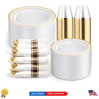 Набор одноразовых золотых тарелок и столовых приборов из 350 предметов для элегантных мероприятий на 50 гостей - Изображение 1 из 4