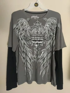 Sinister grau schwarz Totenkopf Wikinger Goth doppellagig Ärmel T-Shirt Größe XL - Bild 1 von 3