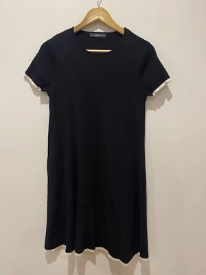 Zara Women‘s Black Short Sleeve Ribbed Knit Dress Size S White Outline EUC — 第 1/4 张图片