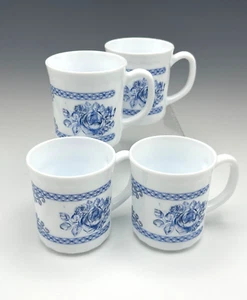 4 Arcopal Honorine Coffee Mugs Cups Blue & White Milk Glass France - Picture 1 of 4