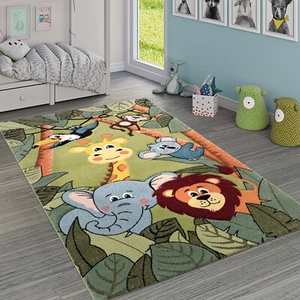 Kinderteppich Kinderzimmer Dschungel Tiere Giraffe Löwe Affe Nilpferd Grün - Bild 1 von 5