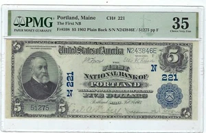 $5 First Natl, Bank of Portland Maine CH#221 1902 Plain Back PMG 35 - Picture 1 of 2