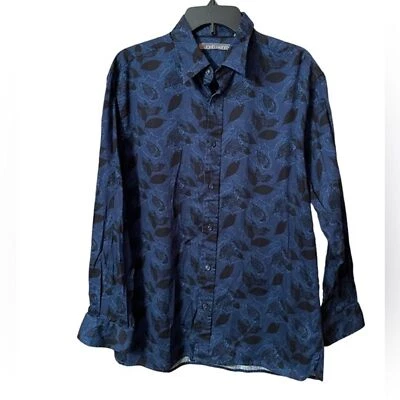 John Henry Mens Large Shirt Button Up Blue Paisley Leaf Black Blue Pattern Prep - Image 1 of 4