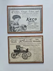 2 Harvey's Wallhangers Vidrio Cobre Enmarcado Anuncios Antiguos 1910 Karo, 1903 Waverley - Imagen 1 de 6