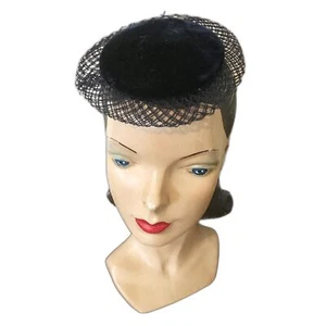 1960s Vintage Mini Hat or Fascinator, Navy Blue Mesh and Velvet - Picture 1 of 3