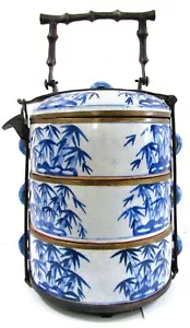 Antique Chinese Blue and White Porcelain Bamboo Three-tiered Tiffin Lunch Box - Picture 1 of 22