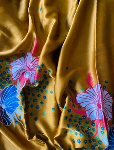 Pure Silk Batik Saree – Mustard Yellow with Red, White & Blue Floral Design - Picture 1 of 3