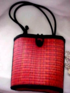 Baskets Of Cambodia Purse Red Thin Woven Straw Strips Curved Black Handle Used - Picture 1 of 12