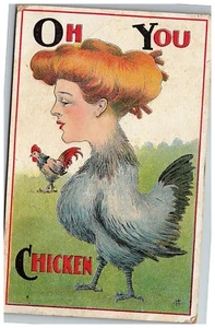 1911 Oh Postcard You Chicken Antique Caricature Anthropomorphic Woman - Picture 1 of 2