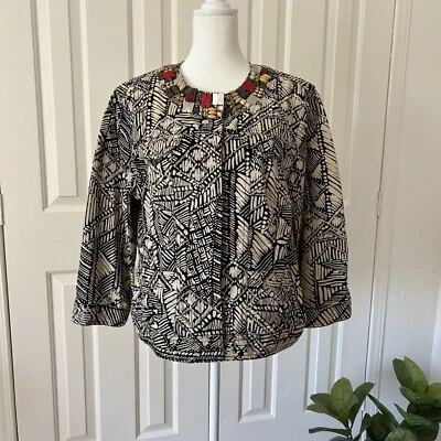 RUBY RD WOMENS SIZE 14 BLACK BEIGE GEOMETRIC 100% COTTON BEADED JACKET BLAZER - Image 1 of 4