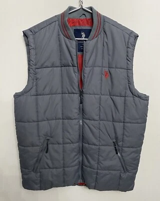 美国 Polo Assn.  绗缝 Puffer 背心男式 L 码灰色/红色刺绣标志 — 第 1/4 张图片