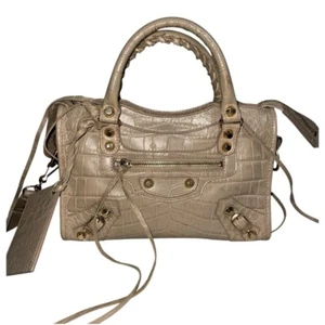 BALENCIAGA | Calfskin Crocodile Embossed Gold Hardware Mini City Beige Latte - Picture 1 of 15