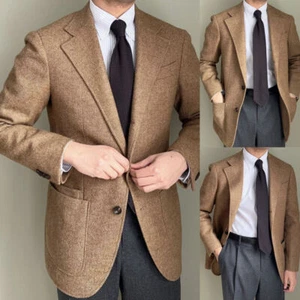 Camel Fischgrät Frühling Wolle Herren Freizeit Mantel Kerb Revers Business Jacken - Bild 1 von 9