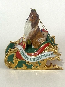 NEW Danbury Mint Sheltie Collie Dog in Sleigh Santa's Helper Christmas Ornament - Picture 1 of 10