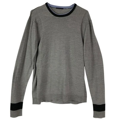 ELIE TAHARI 女式灰色羊毛圆领毛衣 M 码条纹袖口 — 第 1/4 张图片