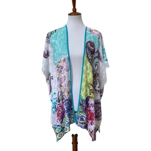 Copri kimono Chico's stampa paisley aperto davanti bianco/blu donna taglia S/M - Foto 1 di 13