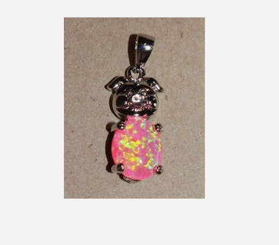 lab fire opal necklace pendant gems silver plate jewelry cute piggy casual - Image 1 of 4