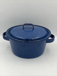 Vintage Blue And Speckled White Enamelware Handled 9”x4” Stockpot With Lid - Picture 1 of 10
