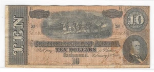 T-68 1864 $10 Confederate Currency Real Civil War Paper Money CSA Note SN 36421 - Picture 1 of 2