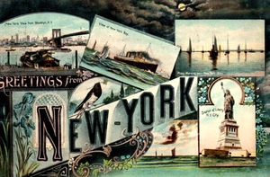 NY New York City Nachtansicht Schiffe Brooklyn Bridge Schiff Postkarte - Bild 1 von 3