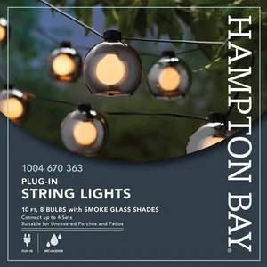 Hampton Bay 8 luci 10 piedi nero interno/esterno plug-in luce stringa con fumè - Foto 1 di 5