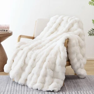 Smoofy Faux Fur Throw Blanket for Couch – Cream White Fluffy Cozy Rabbit Flee... - Picture 1 of 7