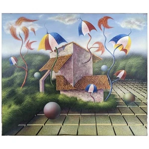 Ulises Bretaña Hevia Regenschirme am Rande der Natur 26x31 Öl Leinwand Kubanisch Orig - Bild 1 von 4