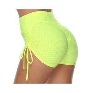 High Rise Tummy Hiding Shorts Wide Waistband Ruched Honeycomb Textured Neon Gr - Picture 1 of 4