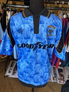 Offizielles Retro Wolves blaues Auswärtstrikot 1993 Goodyear Score Auslosung Small - Bild 1 von 6
