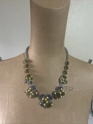 TALBOT'S Flower Statement Necklace Blue Green Silver Tone Chain Costume Jewelry - Image 1 of 4