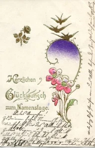 Cartolina antica, Auguri per onomastici, Fiori con uccellini, 1905 - Foto 1 di 1
