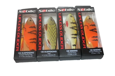 4x SEBILE-LIPLESS GLIDER- SINKING+ SUSPENDING+PIKE+NATURAL PERCH-NEU/OVP - Bild 1 von 4