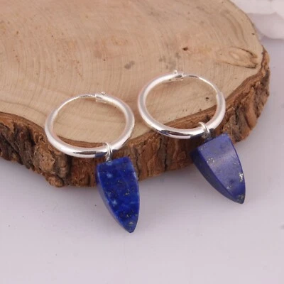 Natural Lapis Lazuli Hoop Earrings Sterling Silver Birthstone Earrings Jewelry - Image 1 of 4