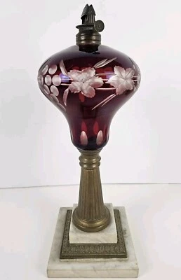 Antique 1870's MILLER Etched Cranberry Cut To Clear Victorian Footed Oil Lamp - Image 1 of 4
