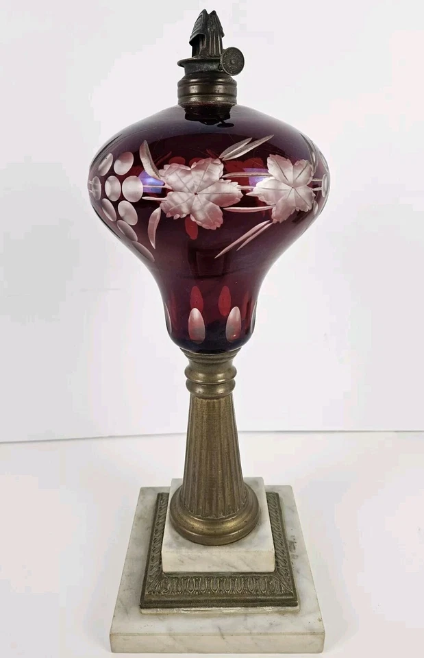 Antique 1870's MILLER Etched Cranberry Cut To Clear Victorian Footed Oil Lamp - Image 1 of 4