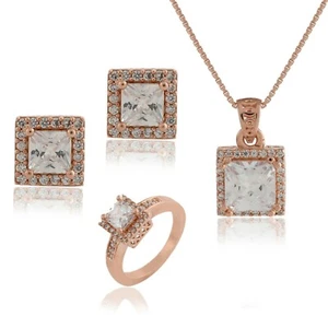 Women Statement Necklace Pendant Set Rose Gold Plated CZ Jewelry Wedding Sets - Picture 1 of 5