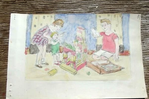 Hermosa pintura de acuarela niños jugando bloque de construcción castillo década de 1930 - Imagen 1 de 2