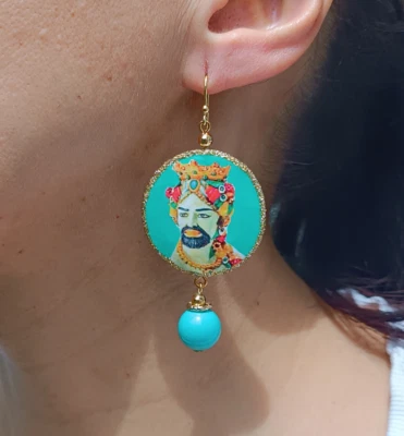 Orecchini donna pendenti turchese piastrella monachella argento agata Sicilia - Immagine 1 di 4