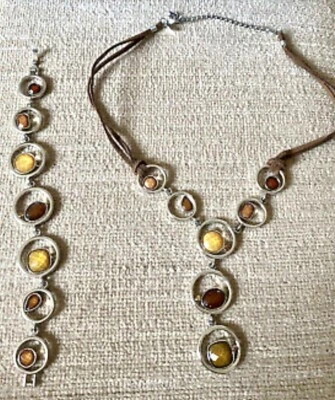 Lia Sophia "Alex" Brown & Yellow Crystal Circles Suede Necklace & Bracelet Set  - Image 1 of 3