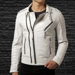 Men's Genuine Lambskin Leather Jacket Biker Stylish White Motorcycle Jacket - Picture 1 of 4