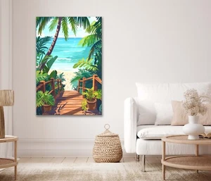 Tropical Beach with Pier to Ocean Canvas Unframed or Poster Print Wall Art - Bild 1 von 3